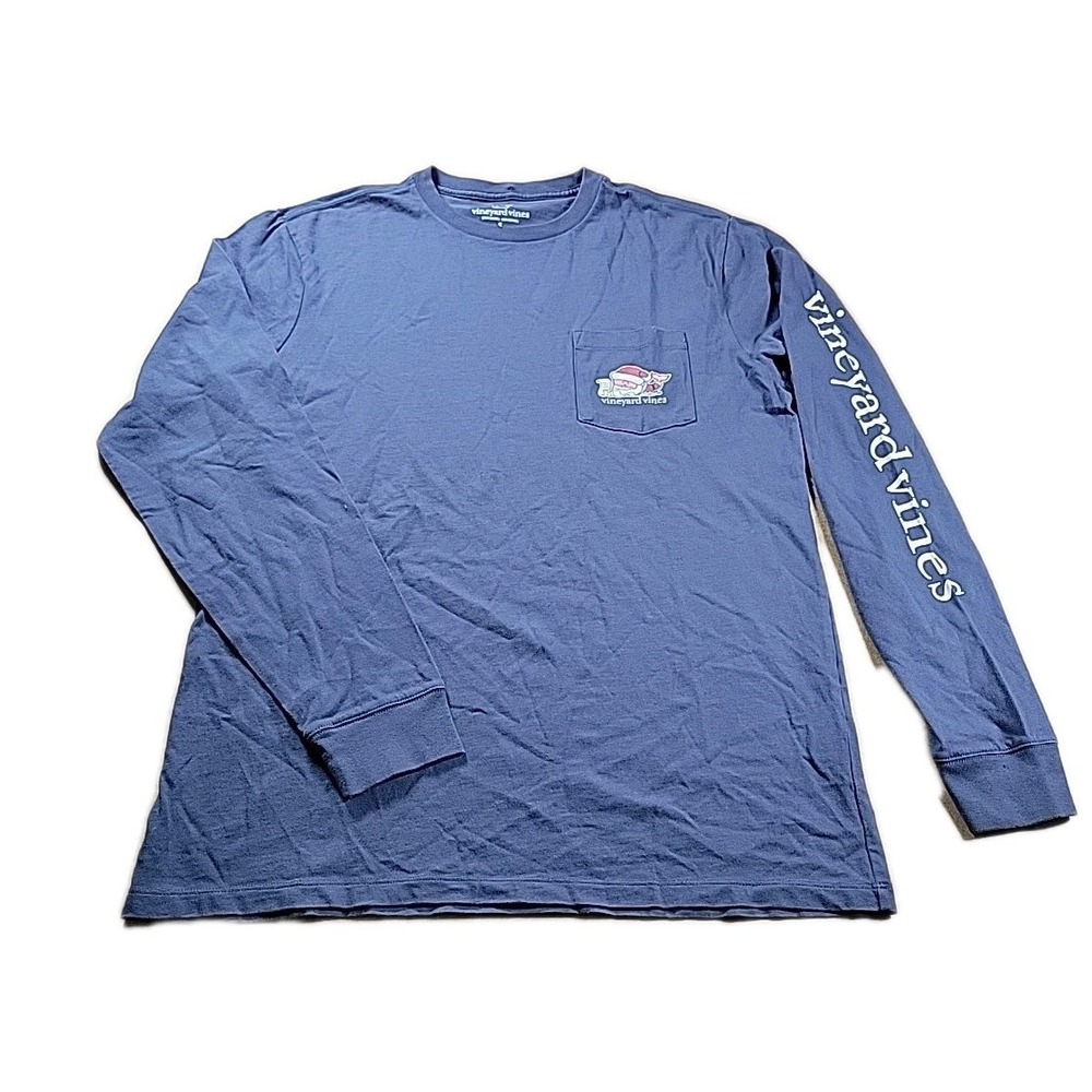 Vineyard Vines T Shirt Mens Small Blue Long‎ Sleeve Santa Whale Merry Christmas